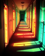 Poster - Colorful Light Patterns in a Hallway with Vibrant Shadows