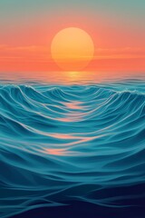 Poster - A beautiful blue ocean with a sun in the sky. The sun is setting and the water is calm