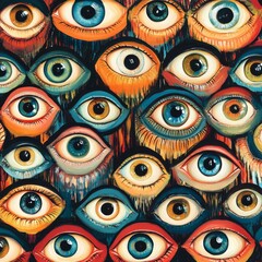 Poster - a painting of many eyes with different colors. the eyes are all different sizes and shapes. some are
