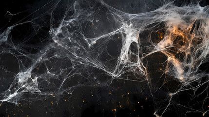 Wall Mural - Halloween spider web on black background, creepy cobweb corner design, spooky arachnid silk patterns for horror theme decorations, backdrop for october festivities. Silken. Illustration