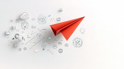 Poster - Red Paper Plane Soaring Over White Background with Graphic Elements