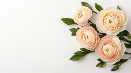 Poster - Pastel floral concept. Delicate pink ranunculus flowers arranged with green leaves on a soft background.