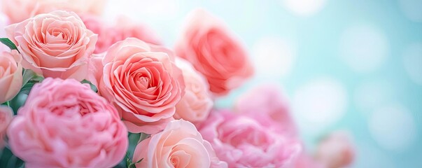 Poster - Pastel floral idea. Beautiful pink roses with soft petals, creating a gentle and serene floral display.