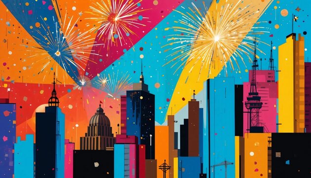 firework city skyline colorful illustration background new year