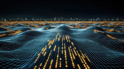 Poster - Digital Landscape with Blue Waves and Glowing Orange Data Points