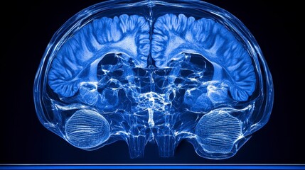 Poster - A detailed, blue-tinted image of a brain, showcasing its intricate structure and anatomy against a dark background.