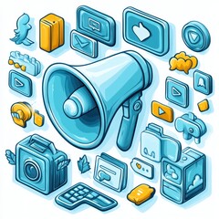 Poster - Isometric digital media icons around a megaphone.