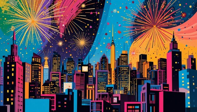 firework city skyline colorful illustration background new year