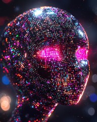 Poster - Abstract digital face with colorful binary code and glowing eyes