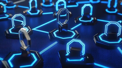 Poster - Futuristic Network Connection with Neon Blue Nodes and Hexagons