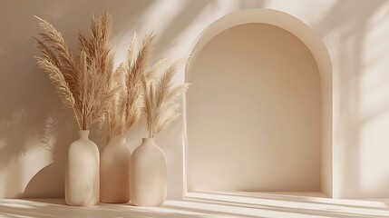 Poster - Pampas Grass in Beige Vases Near Archway