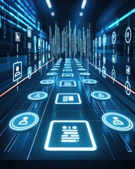 Fototapete - Futuristic Digital Pathway With Neon Icons and Data Streams