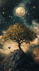 Wall Mural - fantasy tree on a rock under the moon and stars