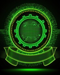 Fototapete - Futuristic Green Digital Gear with Glowing Elements and Ribbon