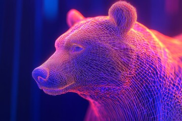 A bear with a blue and red face. The bear is in a computer generated image. The bear has a black nose and a black mouth