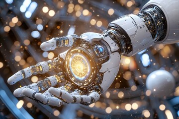 Poster - Futuristic Robot Hand with Energy Pulse in High-Tech Environment