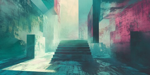 Poster - Surreal interior scene featuring geometric shapes, stairs, and vibrant lighting, creating a futuristic and abstract atmosphere.