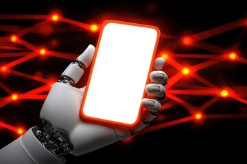 Poster - Robotic Hand Holding Smartphone Against Background of Technology Lines