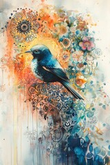 Wall Mural - A bird is sitting on a branch. The branch is surrounded by flowers. The bird is blue and black