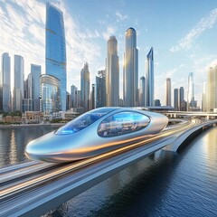 Poster - Futuristic Transport System Over Water in Urban Skyline Setting