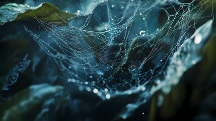 Wall Mural - A tight shot of a spider web on a leaf, adorned with water droplets on its silken strands. Silken. Illustration