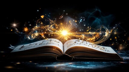 Leinwandbilder - Musical discovery golden radiance from a book of notes and lyrics fantasy realm artistic illustration surreal environment