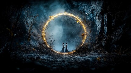 Poster - A circle of light embracing two figures in a mystical forest captivating digital art dramatic atmosphere enigmatic scene