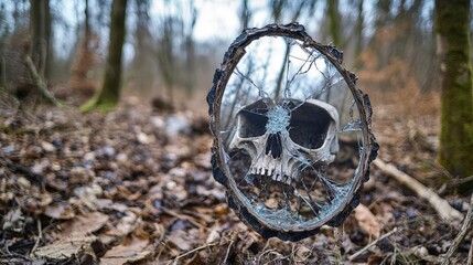 Aufkleber - reflections of time a cracked mirror reveals a skull in nature's depths dark forest image capture my