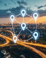 Poster - Cityscape at Dusk with Location Markers and Connecting Lines