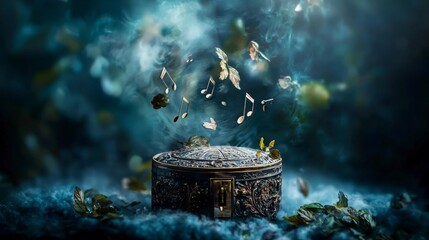 Aufkleber - Enchanting spinning music box with floating notes dreamy atmosphere artistic photography whimsical viewpoint serenity concept