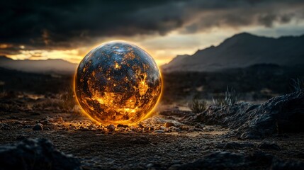 Aufkleber - Unique perspective on a glowing sphere rolling across the desert collecting fragments in a dramatic sci-fi landscape