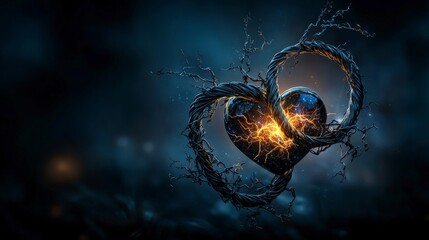 Poster - Twisting vine embracing heart symbol in dark environment abstract art concept emotional visual representation