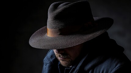 Aufkleber - Mysterious shadowed figure wearing a wide-brimmed hat in dark room portrait photography subtle atmosphere