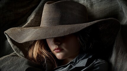 Aufkleber - Mysterious woman in wide-brimmed hat indoor setting portrait photography soft shadows artistic mood