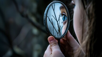 Poster - Reflection of true essence capturing inner beauty through a mirror in nature artistic photography close-up perspective