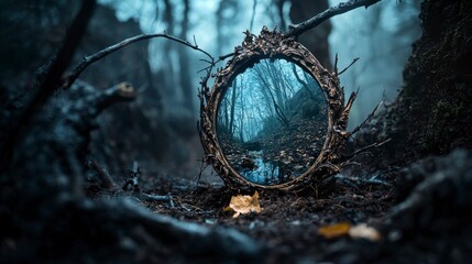 Poster - Mysterious mirror revealing past moments in enchanted forest fantasy scene ethereal environment mystical viewpoint