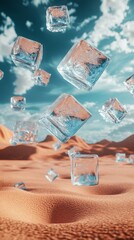 Poster - A desert scene with ice cubes flying through the air. Scene is cold and surreal, as the ice cubes seem to defy gravity and float in the air