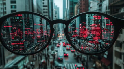 Poster - Cityscape Reflected in Glasses with Digital Data Overlay Effect