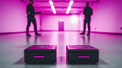 Poster - Futuristic Technology with Two Black Devices in Vibrant Pink Room