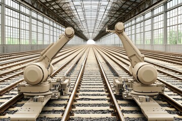 Poster - Robotic Arms Positioned on Rails in an Industrial Warehouse Setting