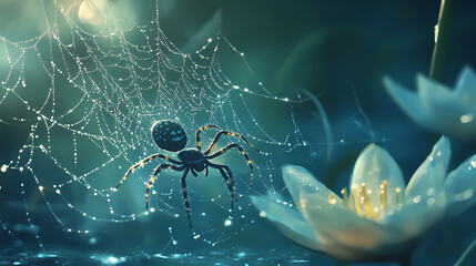 Wall Mural - A delicate spider spins its intricate web, its silken threads glistening in the morning dew. Silken. Illustration