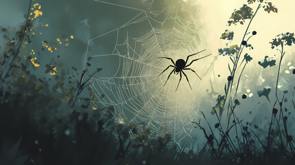 Wall Mural - A delicate spider spins its intricate web, its silken threads glistening in the morning dew. Silken. Illustration