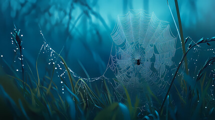 Wall Mural - A delicate spider spins its intricate web, its silken threads glistening in the morning dew. Silken. Illustration
