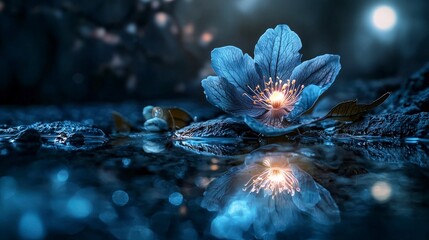 Poster - Glowing giant bloom reflecting moonlight nature close-up image tranquil environment serene viewpoint floral concept