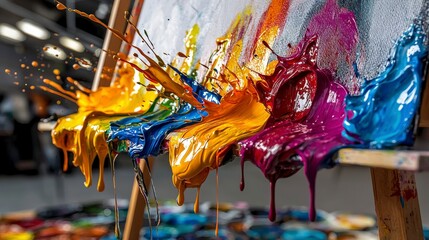 Poster - Vibrant paint dripping on canvas art studio closeup photography creative environment artistic viewpoint colorful concept