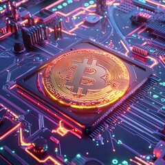 Poster - Digital Cryptocurrency Concept with Bitcoin on Circuit Board Design
