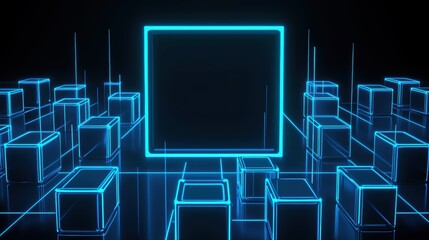 Poster - Futuristic Neon Cubes with Glowing Square in Dark Background
