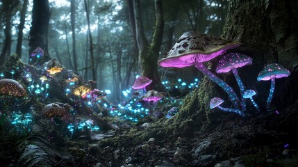 Poster - Bioluminescent mushroom discovery dense forest photography enchanted environment close-up nature's wonders