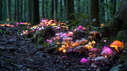 Aufkleber - Bioluminescent mushroom wonderland dense forest nature photography magical setting close-up enchanting discovery