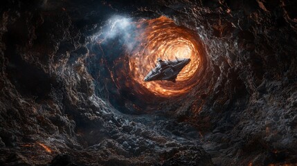 Poster - Thrilling sci-fi adventure spacecraft navigating a cosmic vortex in surreal outer space digital art